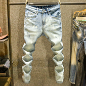 男款 浅蓝色弹力修身 长裤 高街漆点牛仔裤 复古水洗猫须耐磨小脚裤 子