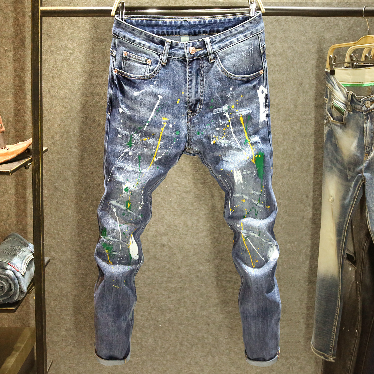 潮牌破洞补丁牛仔裤男款春季潮流高街泼墨油漆修身小脚刮烂长裤子