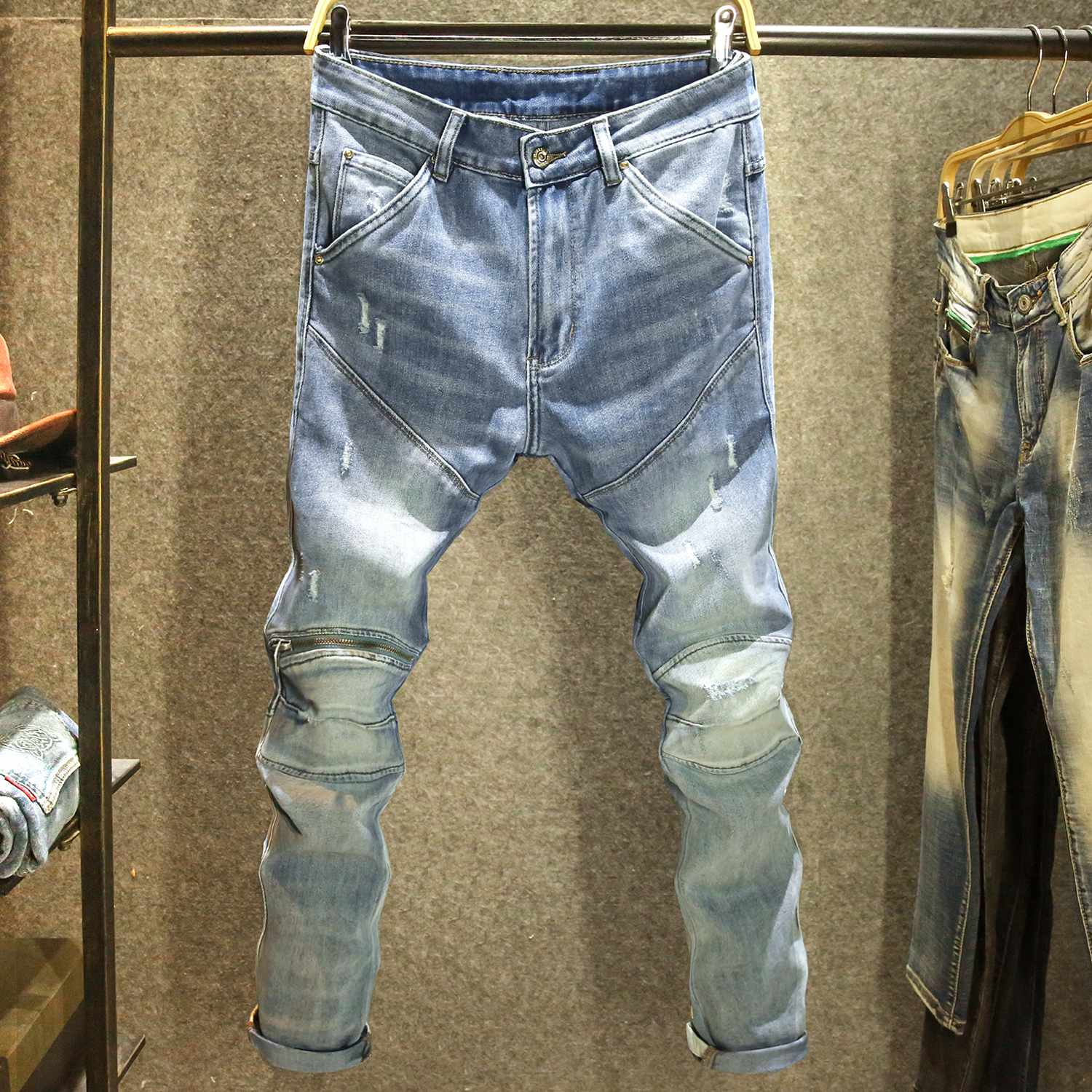 2025新款美式机车牛仔裤男韩版弹力修身小脚裤潮牌猫须破洞裤子男