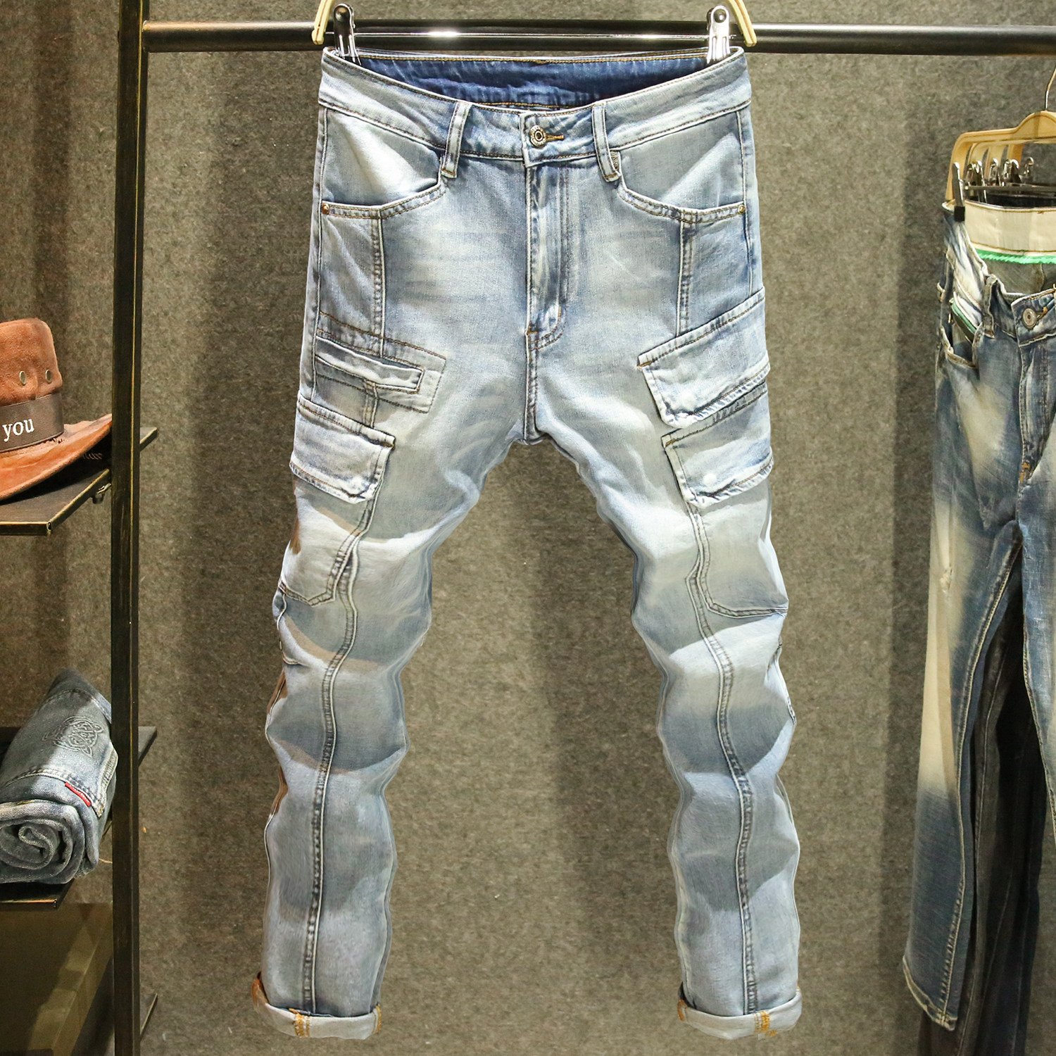 浅蓝色高端工装牛仔裤男潮牌拼接修身小脚裤潮男穿搭百搭帅气长裤,男装,牛仔裤,淘宝优惠券,粉丝福利购,淘宝优惠卷