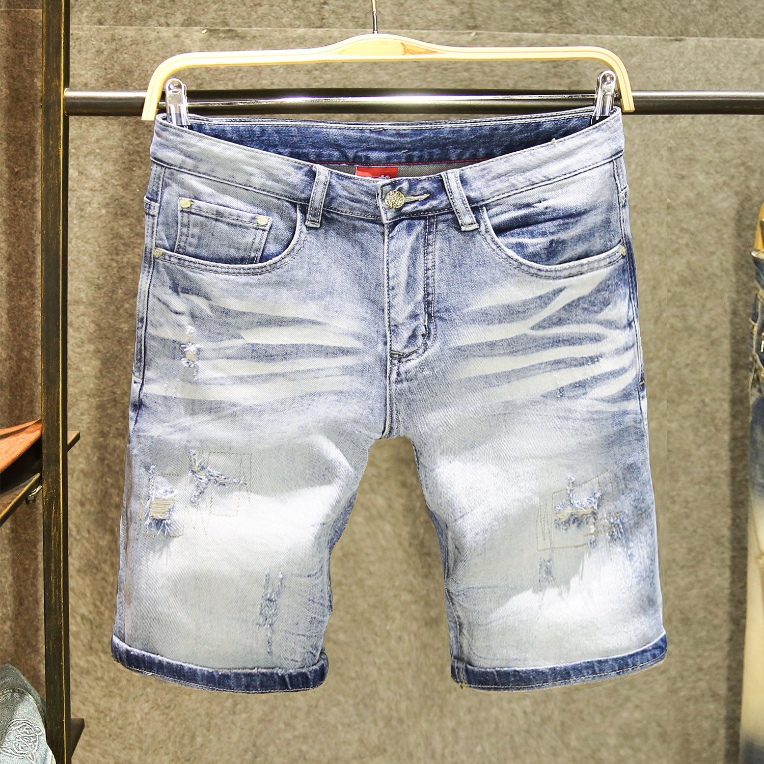 浅蓝色水洗渐变破洞牛仔短裤男直筒弹力青年百搭夏季休闲五分裤