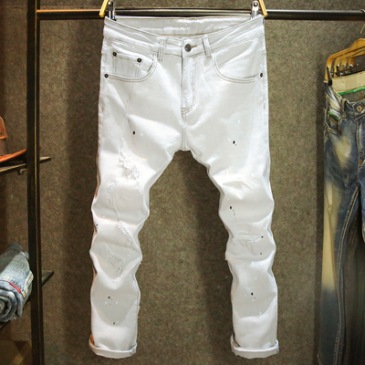 九分牛仔裤男破洞泼墨时尚裤子