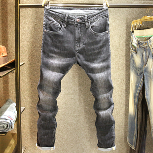 黑灰色弹力牛仔裤男款修身小脚裤潮牌简约百搭水洗裤子男夏季休闲