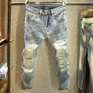 九分夏季牛仔裤男潮流百搭修身小脚裤高街时尚破洞刮烂补丁裤子男