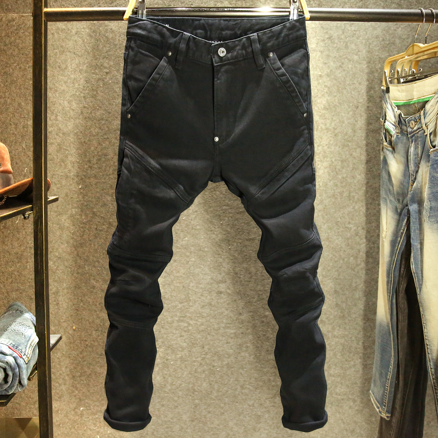 原创设计师款潮牌牛仔裤男修身小脚裤秋冬款黑色高端机车潮流长裤