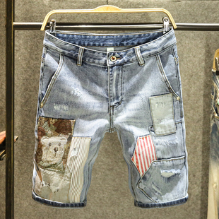 潮牌拼接个性补丁牛仔短裤男斜口袋五分裤夏季痞帅炸街破洞裤子薄