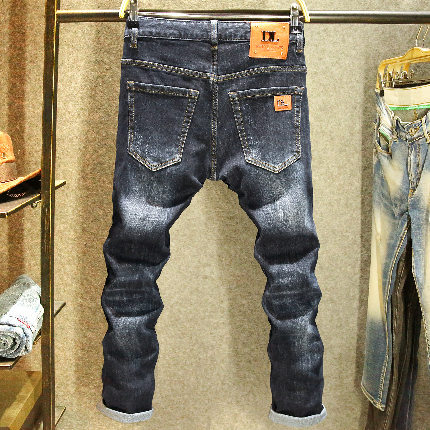 高端深蓝色牛仔裤男修身直筒弹力裤子水洗耐磨时尚青年百搭长裤子