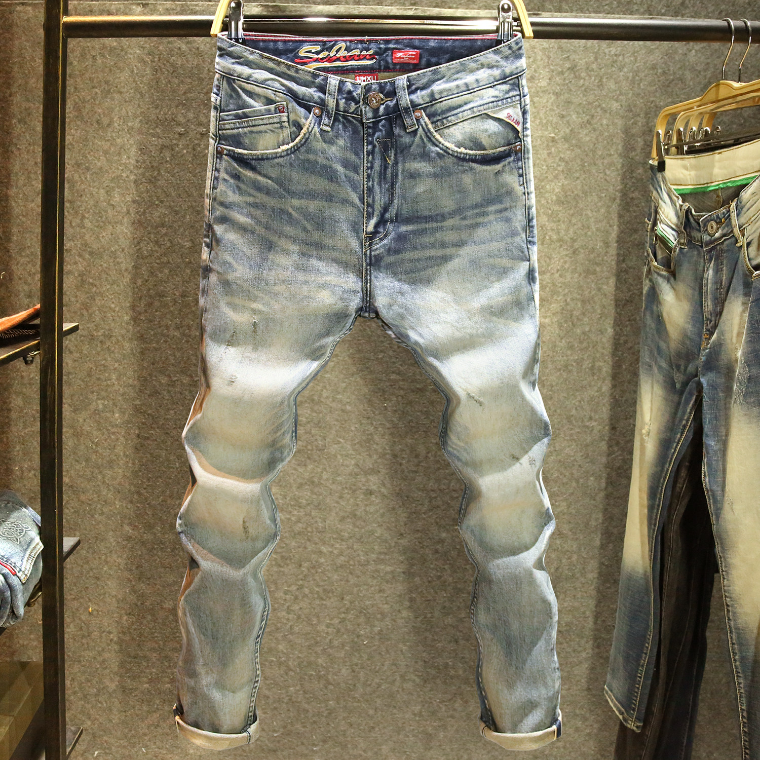 美式复古潮牌牛仔裤男修身小直筒弹力裤子男丹宁赤耳高端水洗长裤