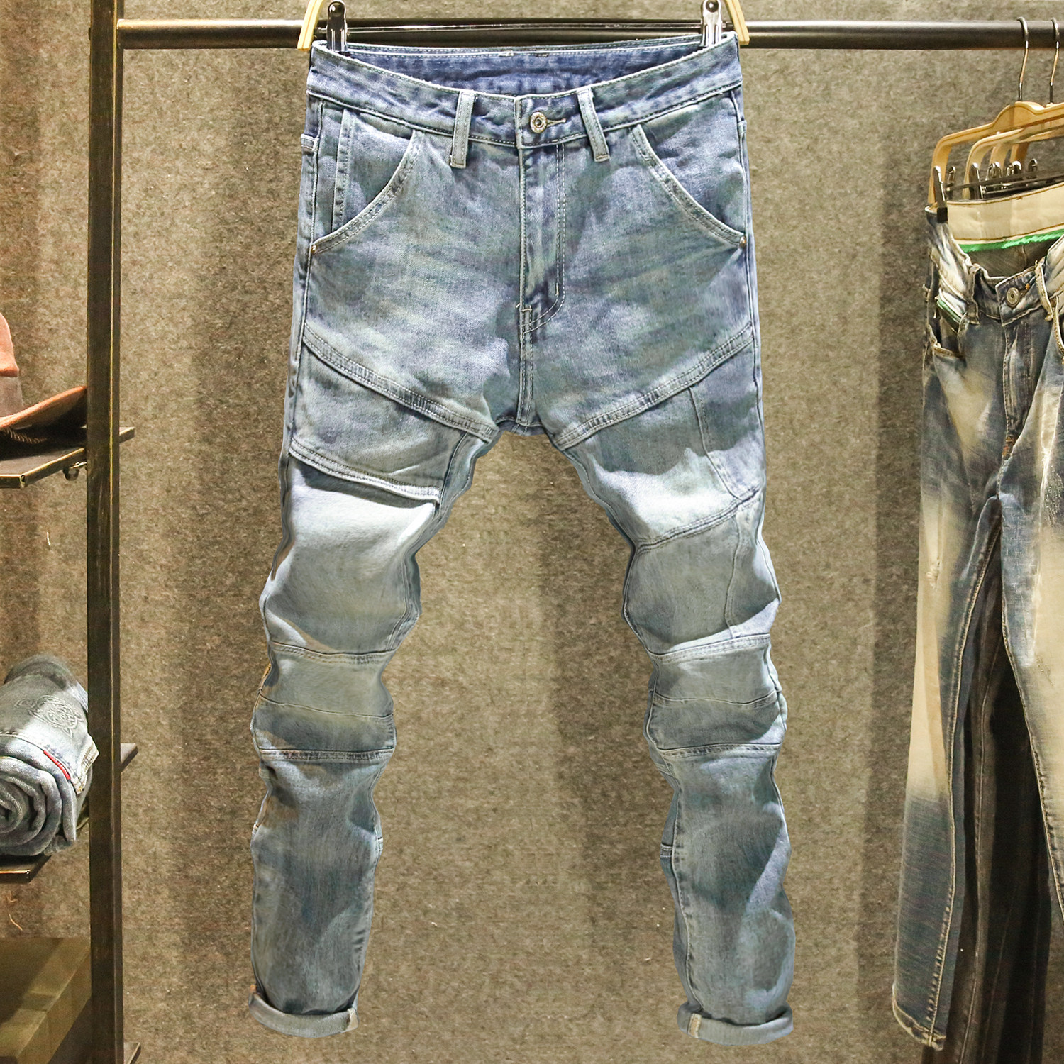 高端美式牛仔裤男款修身小脚弹力显瘦裤子个性拼接设计感春季长裤