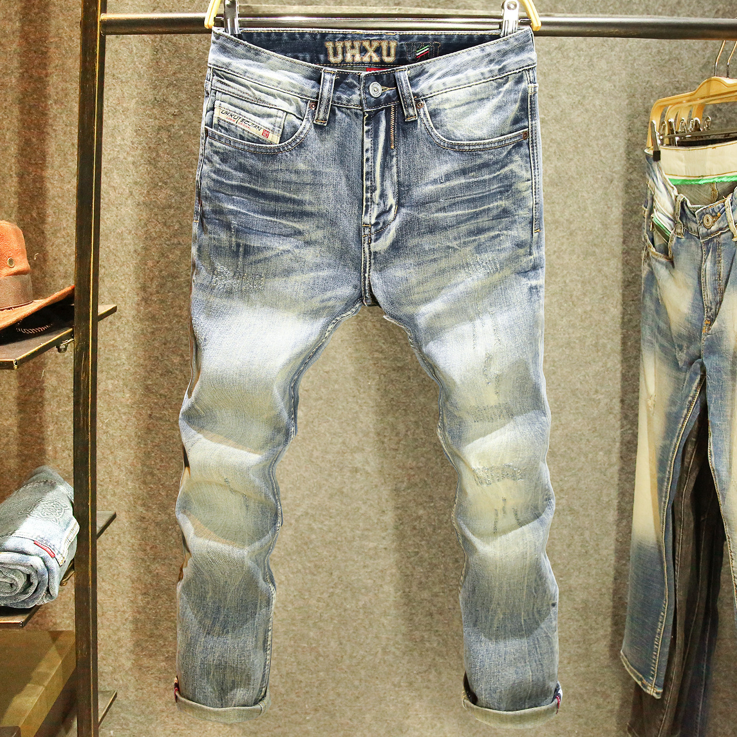 美式复古高品质牛仔裤男款小脚修身弹力裤子高端水洗猫须百搭长裤