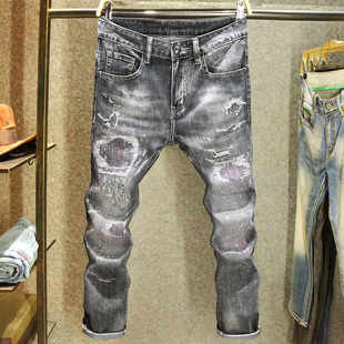 夏季薄款黑灰色牛仔裤男高级感水墨印花长裤ins潮牌修身小脚裤子