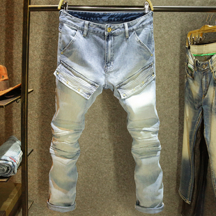 浅蓝色春季新款工装牛仔裤男小脚修身弹力长裤美式机车风痞帅裤子