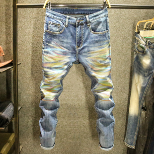 手工炫彩印染牛仔裤男士时尚韩版修身裤子高级潮牌街头痞帅小脚裤