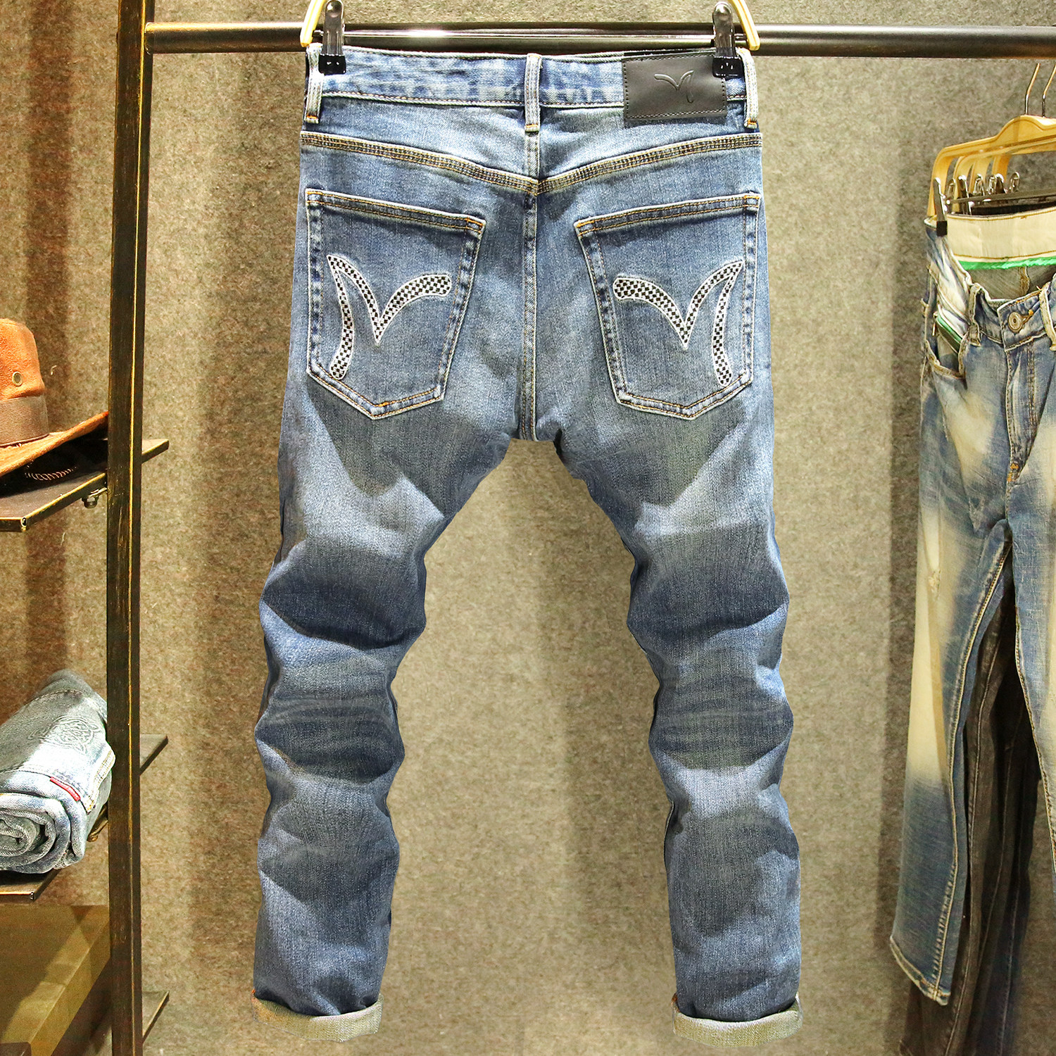 高端蓝色牛仔裤男修身小直筒弹力裤子潮牌撞色百搭时尚长裤秋冬款