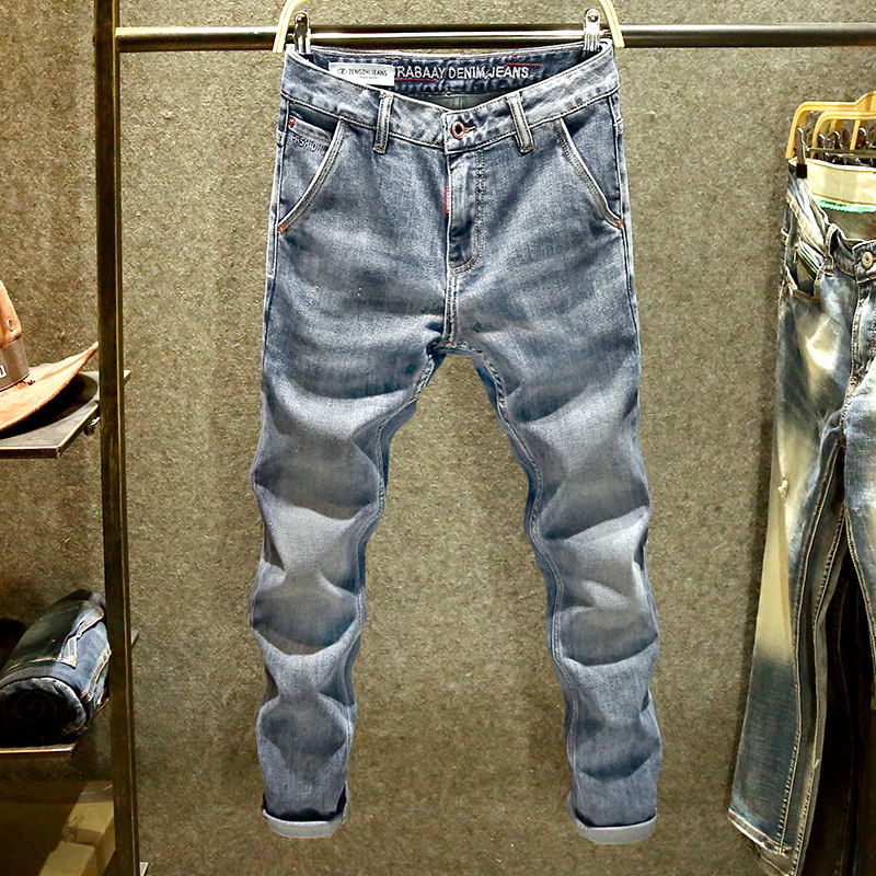 个性斜口袋休闲牛仔裤男潮牌小脚裤子腰头小刺绣修身直筒休闲长裤