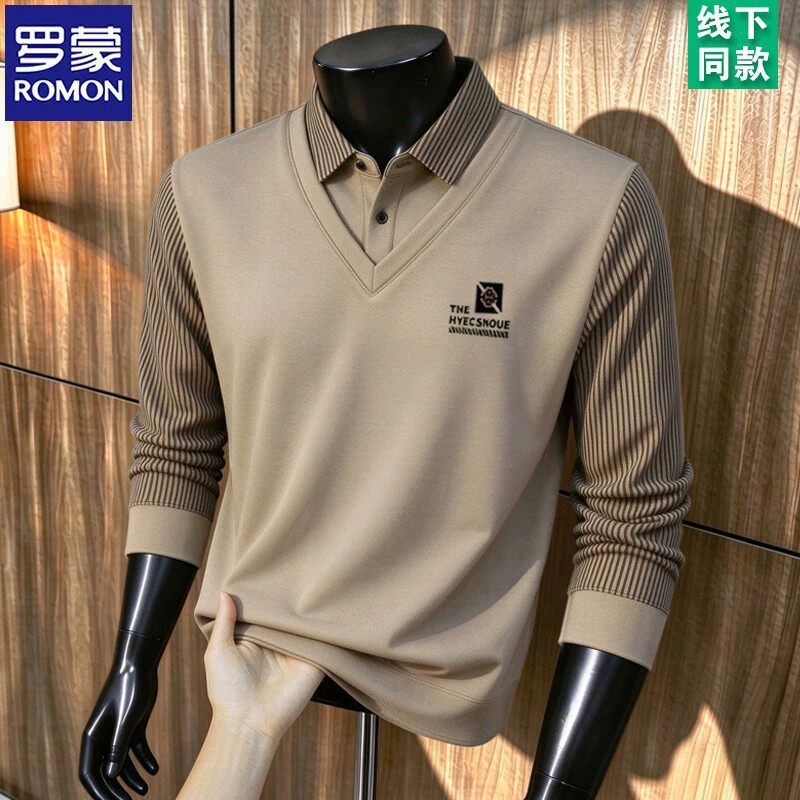 罗蒙男士秋冬款假两件长袖Polo衫