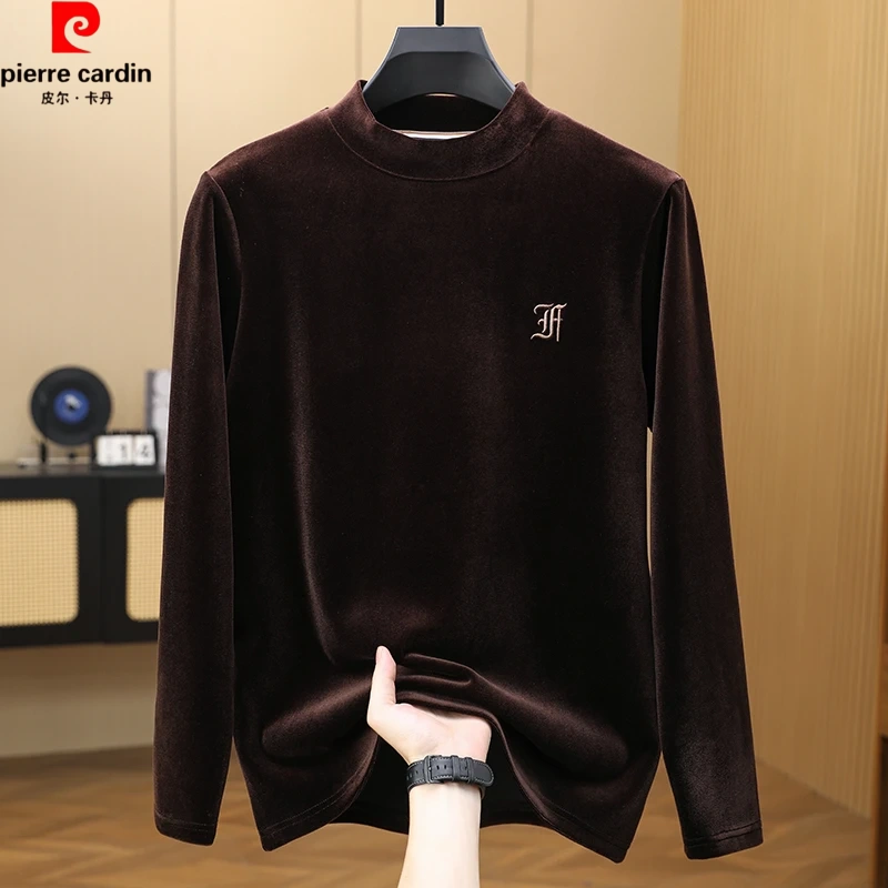 皮尔卡丹男士半高领秋冬金丝绒加绒卫衣长袖T恤新款刺绣上衣打底