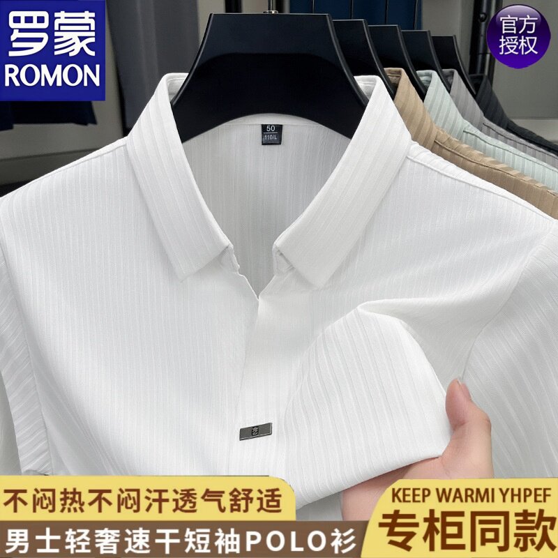 罗蒙男士时尚竖条纹V领短袖T恤夏季新款男商务短袖冰丝无痕POLO衫