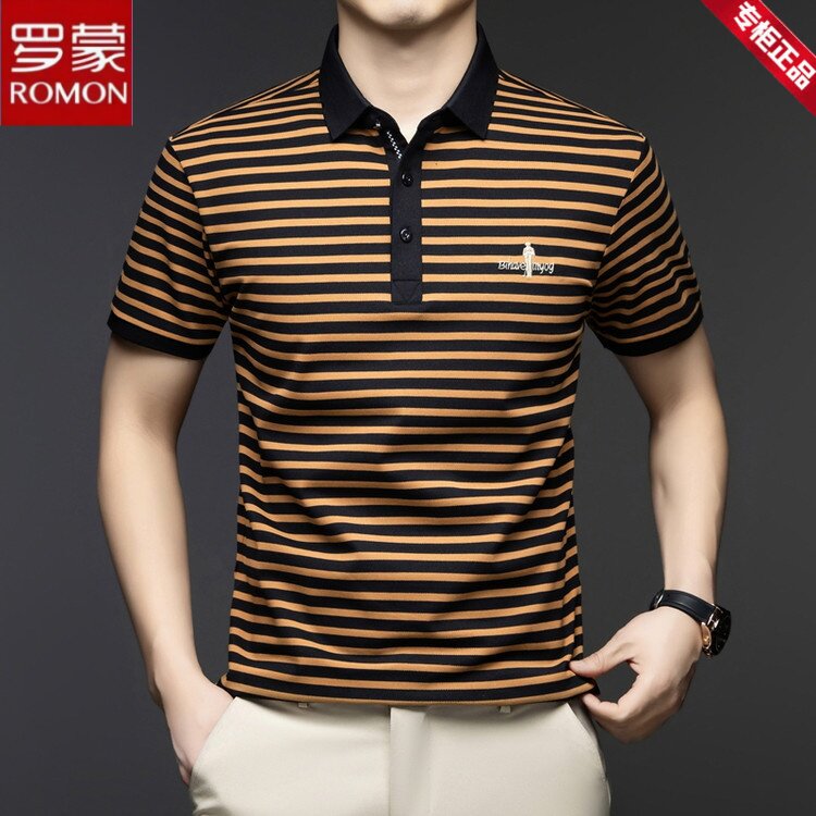 罗蒙夏季翻领条纹短袖polo衫男装