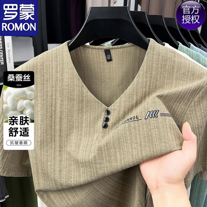 罗蒙中式V领短袖t恤男士夏季新款