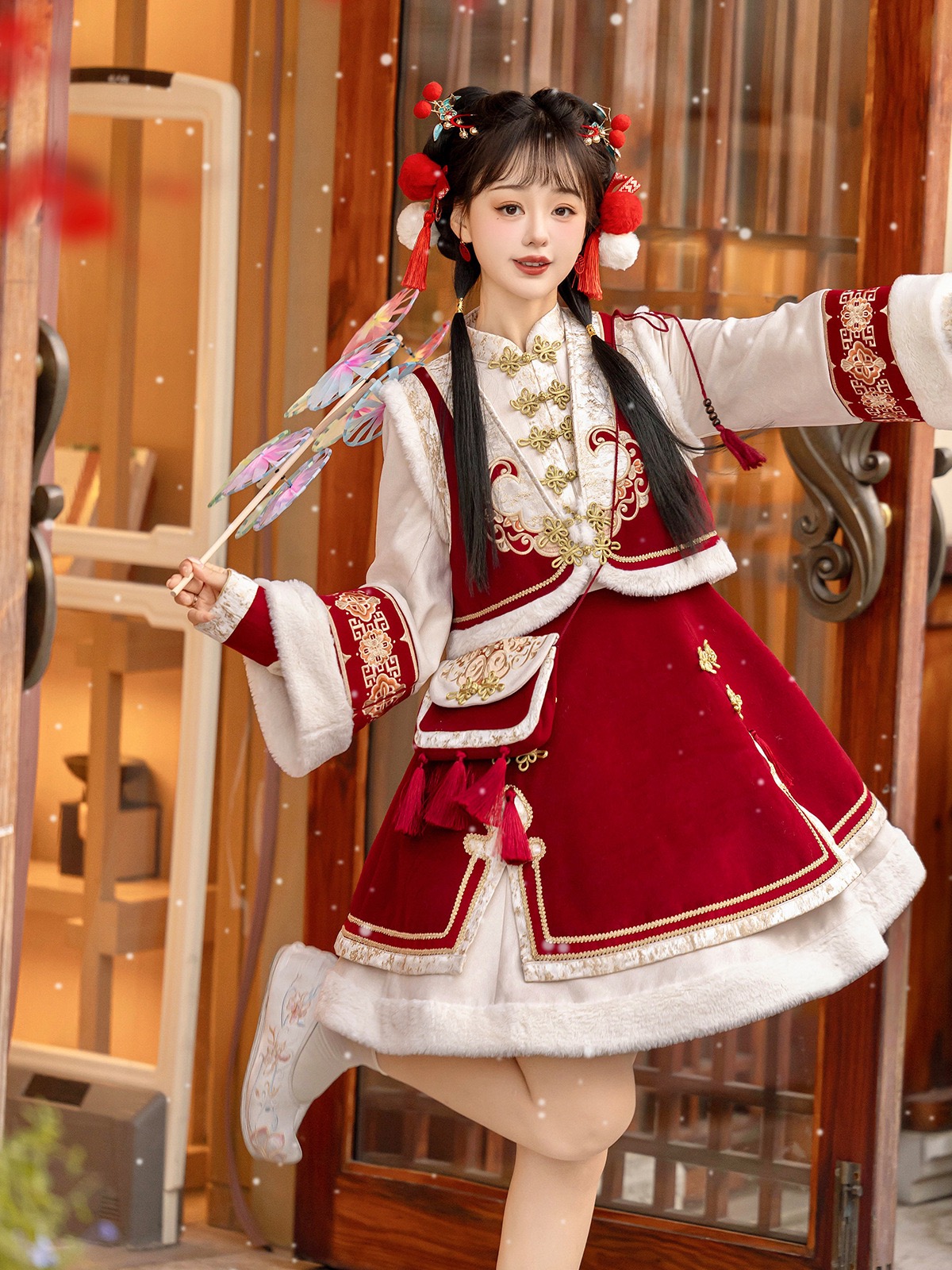 原创迎新欢喜马甲衬衣半裙新年战袍lolita连衣裙秋冬国风新中式