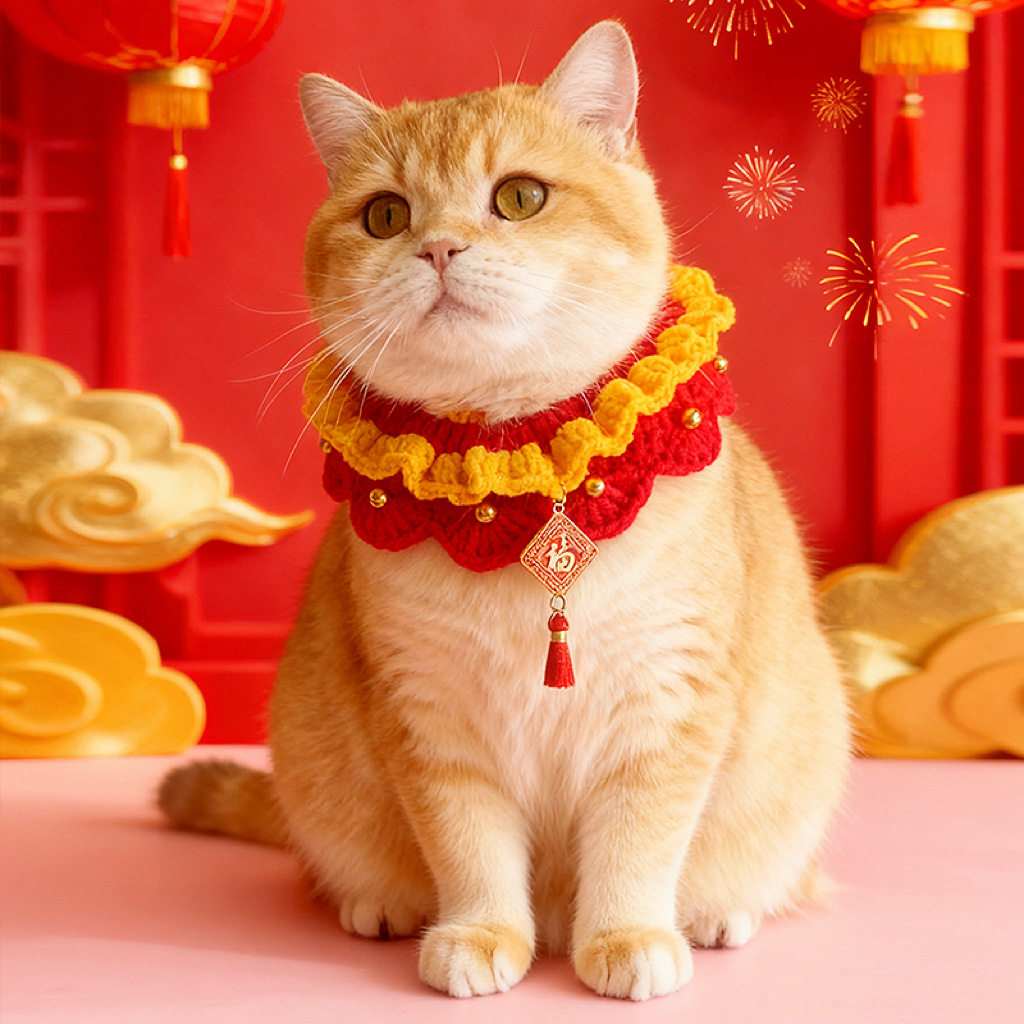 宠物新年针织围脖猫咪喜庆过年围巾狗狗保暖口水兜春节毛线中国风