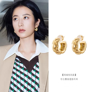 [周雨彤同款]中古雅典娜菱格纹金色耳环女轻奢高级感气质纯银耳饰