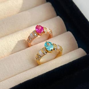 中古海蓝粉锆贝母戒指女小众轻奢高级感复古简约食指指环2025新款