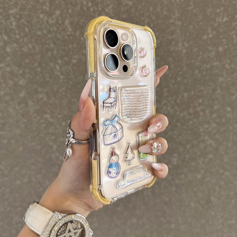 创意diy适用于苹果17promax手机壳新款气囊iPhone16plus奶黄色边框15防摔滴胶立体雪人14情侣透明亚克力硬套