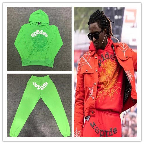 Young Thug明星同款 Sp5der 555555 绿色套装男女Hoodie 卫衣套