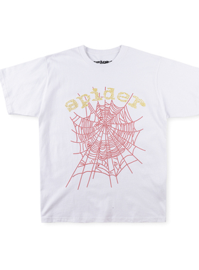 明星同款Sp5der 555555 Hoodie 闪片白色大logo男女棉短袖T恤