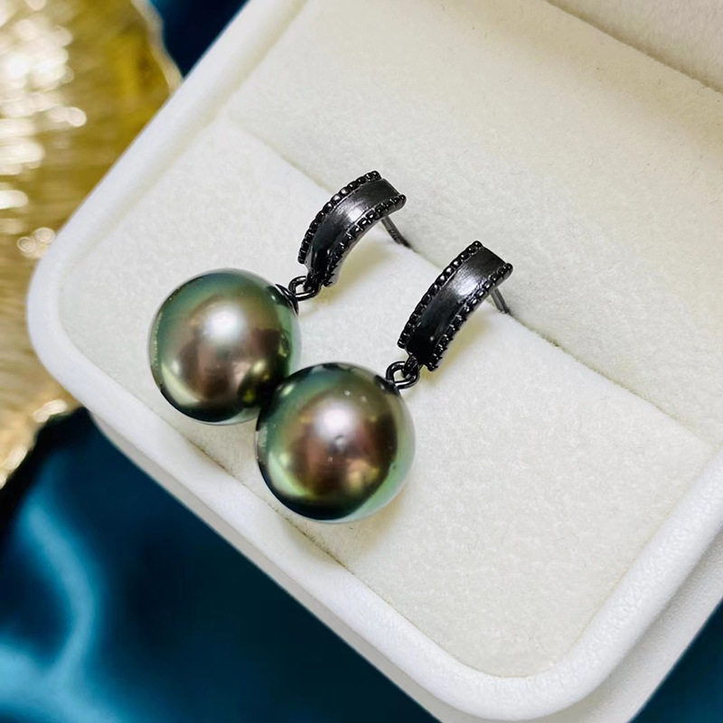 DIY珍珠配件 S925纯银耳环空托配饰 镀黑色耳坠银托 简约百搭耳钉