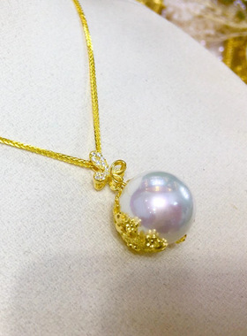 diy手工配件 S925纯银大珠遮瑕半包珍珠吊坠空托半成品项链坠银托