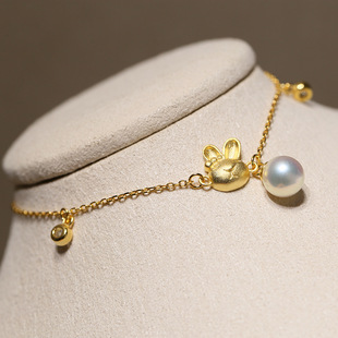 diy配件 S925纯银可爱兔子珍珠手链空托配饰 半成品手环手饰银托