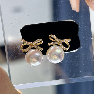 8mm 甜美蝴蝶结耳环耳饰银托材料7 DIY配件 S925纯银珍珠耳钉空托