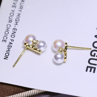 DIY配件 S925纯银小巧百搭珍珠耳钉空托双珠耳环耳饰银托材料4-6