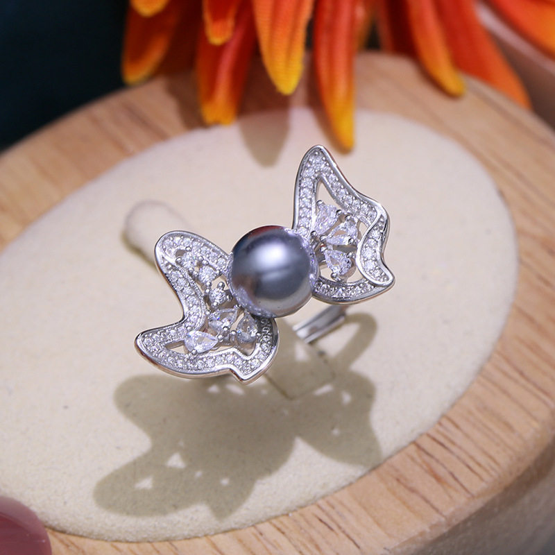 欣韵diy珍珠配件蝴蝶结戒指空托