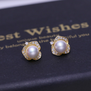 DIY配件 S925纯银珍珠耳钉空托 精致花朵耳环银托半成品材料6-7mm