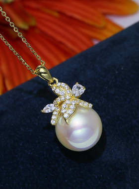 diy珍珠配件 S925纯银吊坠空托银饰 大珠托手工项链坠子银托10-14