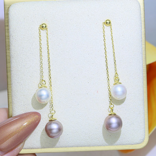 diy手工配件 S925纯银双珠调节耳环 珍珠耳钉耳坠空托 长款耳线托