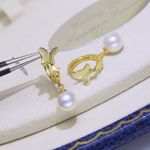 diy配件 S925纯银小清新珍珠玉石耳环耳扣空托半成品耳坠银托配饰