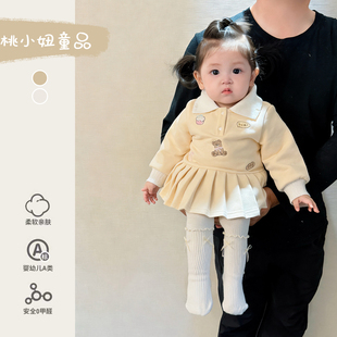 宝宝早春翻领连衣裙婴幼儿春季裙子超萌卡通外出长袖学院风百褶裙