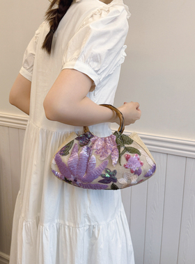 新中式国风重工竹节手提包女2026新款刺绣花朵亮片竹叶竹节手婉包