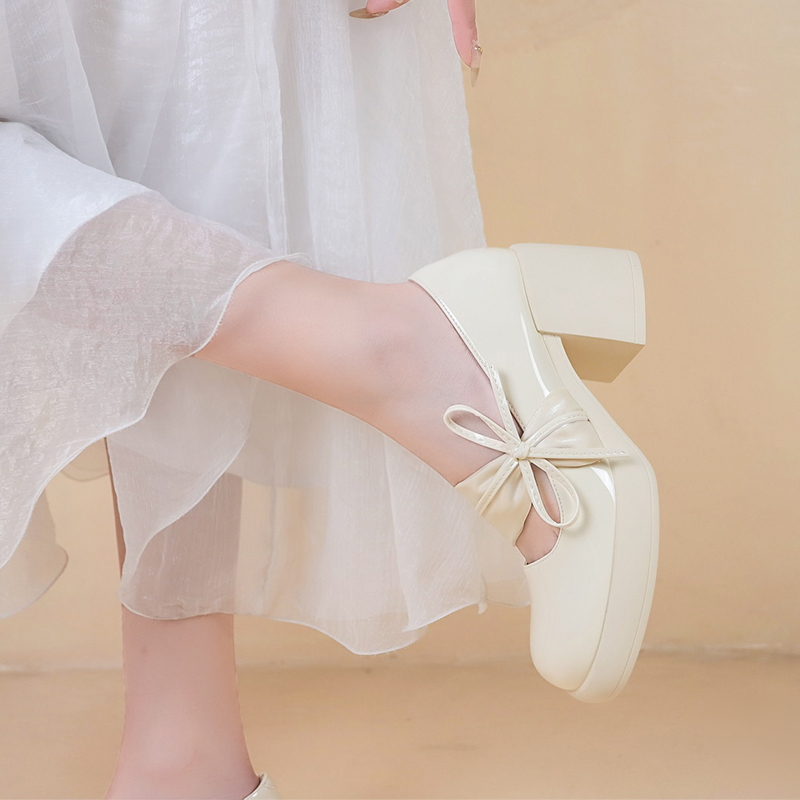 白色高跟鞋女珍蝴蝶结小皮鞋