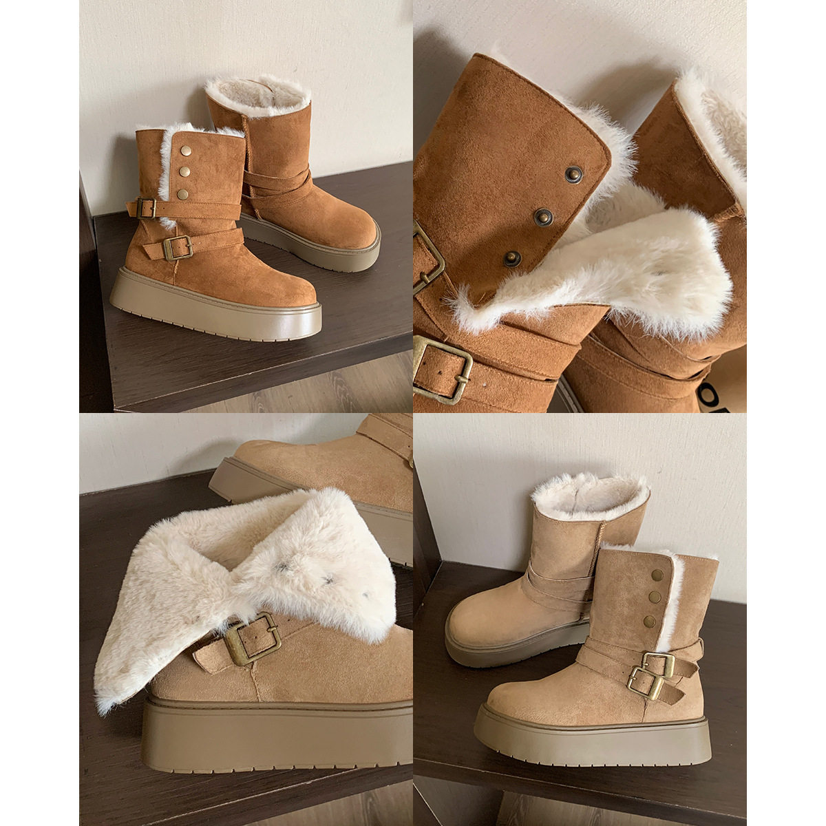 真皮兔毛两穿翻边皮带扣雪地靴女大码加绒厚底增高中筒靴东北棉鞋,女鞋,时尚雪地靴,淘宝优惠券,粉丝福利购,淘宝优惠卷