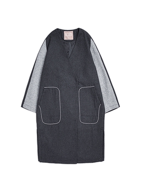 LOEN 原创设计秋冬新款日系宽松无领拼接羊毛呢子学生外套女FUDGE