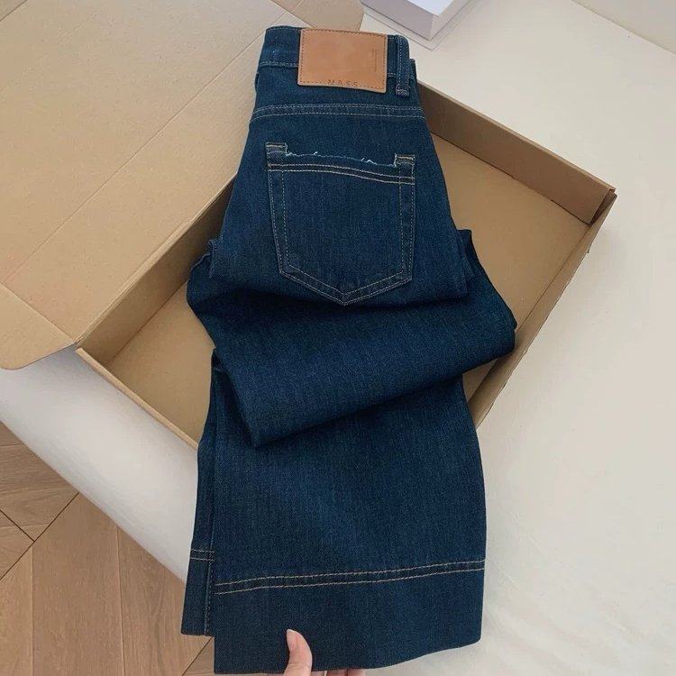 深蓝色九分牛仔裤阔腿宽松烟管法棍梧桐窄版直筒裤子女小个子