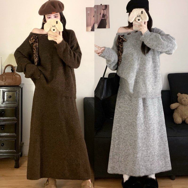 实拍大码女装秋冬新款温柔风丝巾毛衣上衣+显瘦针织半身裙两件套