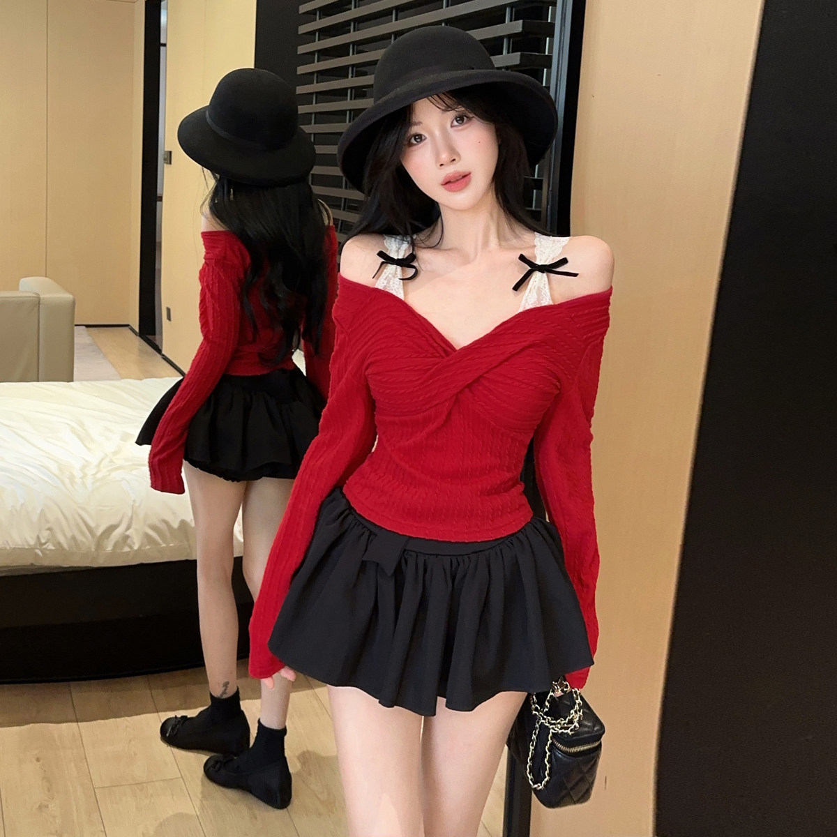 实价 性感纯欲辣妹扭结V领假两件蕾丝吊带长袖针织衫露肩打底上衣