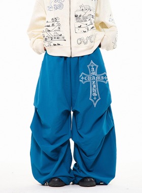 MKGO 美式复古十字架皱褶加绒阔腿裤女冬季宽松百搭拖地休闲裤子